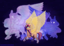Size: 2388x1720 | Tagged: safe, artist:inuhoshi-to-darkpen, princess celestia, princess luna, sunny starscout, alicorn, pony, g5, my little pony: a new generation, chest fluff, ear fluff, leg fluff, open mouth, race swap, royal sisters, siblings, sisters, sunnycorn