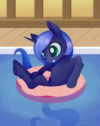 Size: 1778x2247 | Tagged: safe, artist:dusthiel, princess luna, alicorn, pony, g4, atg 2022, female, filly, inner tube, solo, stuck, swimming pool, woona, younger