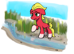 Size: 1500x1100 | Tagged: safe, artist:ebbysharp, sprout cloverleaf, earth pony, pony, g5, atg 2022, floppy ears, male, newbie artist training grounds, river, sad, solo, stallion, water