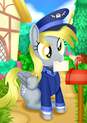 Size: 2480x3508 | Tagged: safe, artist:leonkay, derpy hooves, pegasus, pony, bush, house, letter, mailbox, mailmare uniform, mouth hold, ponyville, solo, tree
