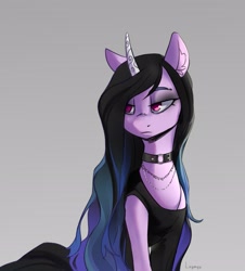 Size: 2573x2848 | Tagged: safe, artist:laymy, izzy moonbow, pony, unicorn, g5, choker, clothes, dress, ear fluff, eyeshadow, female, goth, goth izzy, gray background, makeup, simple background, solo