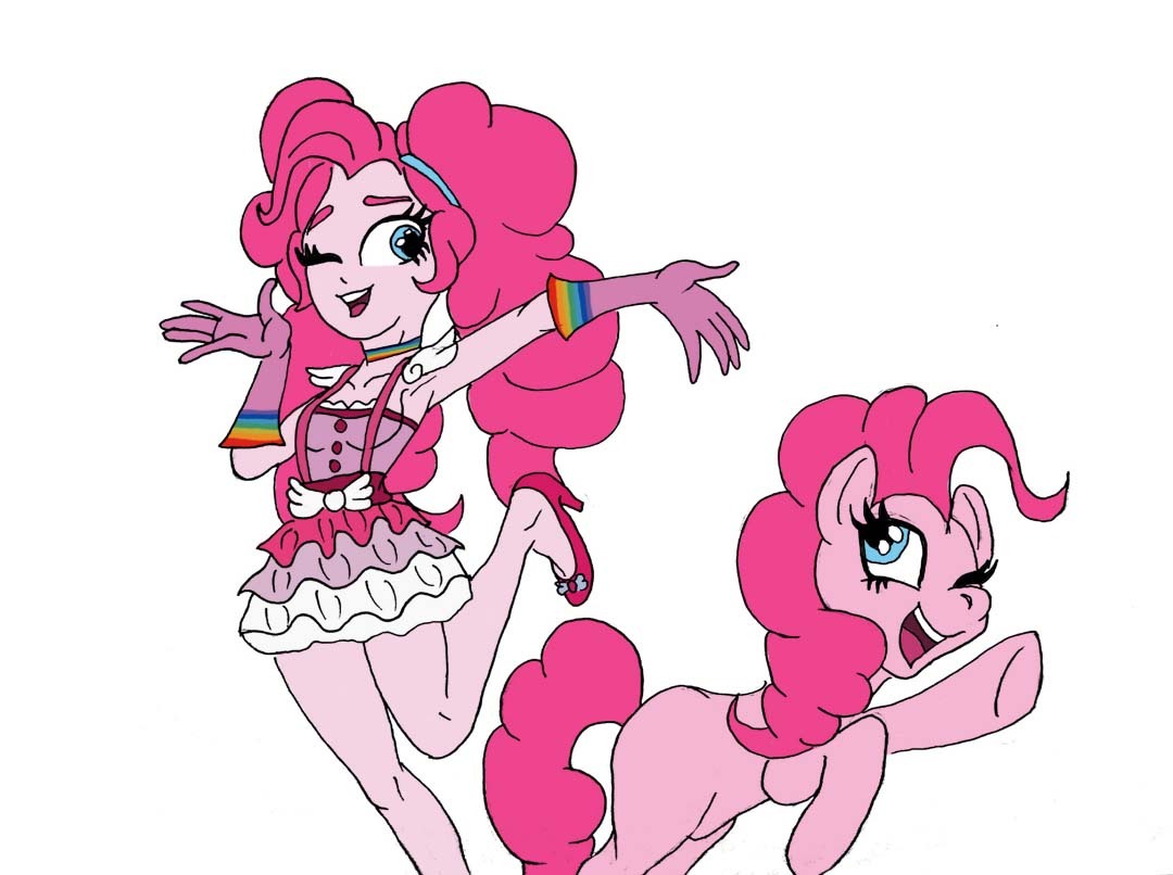 2899451 - safe, artist:crosslineanimator, pinkie pie, earth pony, human,  pony, equestria girls, g4, ace attorney, armpits, duality, geiru toneido,  human ponidox, looking at each other, looking at someone, one eye closed,  open