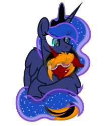 Size: 2600x3000 | Tagged: safe, artist:ponkus, princess luna, oc, oc:red flame, alicorn, bat pony, pony, unicorn, g4, bat pony oc, canon x oc, cute, duo, eye clipping through hair, fangs, female, glasses, high res, horn, hug, hugging a pony, looking down, mare, simple background, sitting, smiling, tooth, transparent background, unicorn oc, wings