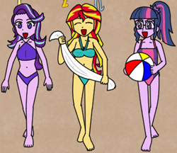 Size: 1300x1125 | Tagged: safe, artist:pheeph, sci-twi, starlight glimmer, sunset shimmer, twilight sparkle, human, equestria girls, g4, beach, beach ball, bikini, clothes, comic, cropped, female, one-piece swimsuit, sports, swimsuit, towel, trio, trio female, volleyball