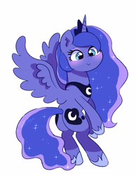 Size: 3110x4005 | Tagged: safe, artist:leo19969525, princess luna, alicorn, pony, g4, bipedal, blue eyes, blushing, butt, crown, cute, female, horn, jewelry, lunabetes, mane, mare, moonbutt, plot, regalia, simple background, smiling, solo, spread wings, tail, white background, wings