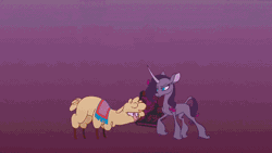 Size: 800x450 | Tagged: safe, oleander (tfh), paprika (tfh), alpaca, classical unicorn, pony, unicorn, them's fightin' herds, angry, animated, bear hug, cloven hooves, community related, duo, duo female, female, gif, gritted teeth, hape, happy, horn, hug, leonine tail, oleander is not amused, pain, personal space invasion, squeezing, teeth, two toned mane, unamused, unshorn fetlocks