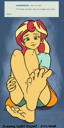 Size: 543x1080 | Tagged: safe, artist:burning-heart-brony, sunset shimmer, human, equestria girls, g4, 2020, ask, barefoot, feet, female, fetish, foot fetish, foot focus, soles, solo, wiggling toes