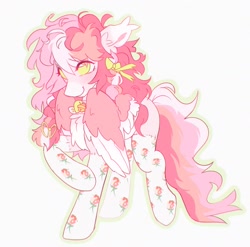 Size: 2048x2022 | Tagged: safe, artist:draw3, oc, oc only, pegasus, pony, bell, bell collar, blushing, bow, chest fluff, clothes, collar, ear fluff, hair bow, happy, high res, pegasus oc, smiling, solo, stockings, thigh highs