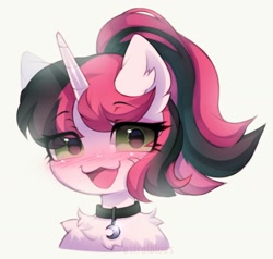 Size: 1504x1429 | Tagged: safe, artist:astralblues, oc, oc only, pony, unicorn, :3, blushing, bust, chest fluff, collar, eye clipping through hair, happy, looking at you, open mouth, smiling