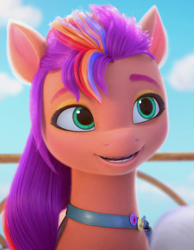 Size: 770x990 | Tagged: safe, screencap, sunny starscout, earth pony, pony, g5, my little pony: make your mark, my little pony: make your mark chapter 1, spoiler:my little pony: make your mark, cropped, eyeshadow, female, makeup, mane stripe sunny, mare, smiling, solo