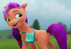 Size: 1345x930 | Tagged: safe, screencap, sunny starscout, earth pony, pony, g5, my little pony: make your mark, my little pony: make your mark chapter 1, spoiler:my little pony: make your mark, cropped, female, mane stripe sunny, mare, smiling, solo