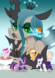 Size: 2891x4096 | Tagged: safe, artist:rainbowdashsuki, applejack, fluttershy, pinkie pie, queen chrysalis, rainbow dash, rarity, twilight sparkle, earth pony, human, pegasus, pony, unicorn, g4, applejack's hat, breasts, cleavage, clothes, cowboy hat, cup, drink, eyes closed, fangs, female, flying, gradient background, hat, horn, horned humanization, humanized, lidded eyes, looking at someone, looking down, mane six, mare, plate, raised hoof, shrunken pupils, unicorn twilight, winged humanization, wings