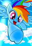Size: 2894x4093 | Tagged: safe, artist:quasimodo1939, rainbow dash, pegasus, pony, cloud, female, flying, mare, open mouth, sky, solo, sparkly eyes, spread wings, sun, underhoof, wingding eyes, wings