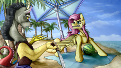 Size: 4000x2250 | Tagged: safe, artist:vepital', discord, fluttershy, draconequus, pegasus, pony, g4, beach, beach towel, beach umbrella, duo, duo male and female, female, food, gritted teeth, knife, male, mare, out of character, palm tree, snarling, teeth, tree, watermelon