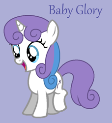 Size: 676x741 | Tagged: safe, artist:jigglewiggleinthepigglywiggle, baby glory, pony, unicorn, g1, g4, baby, baby glorybetes, baby pony, blue eyes, curly hair, curly mane, curly tail, cute, female, filly, foal, full body, g1 to g4, generation leap, hooves, lavender background, multicolored hair, multicolored mane, open mouth, open smile, purple tail, purple text, simple background, smiling, solo, standing, tail, text