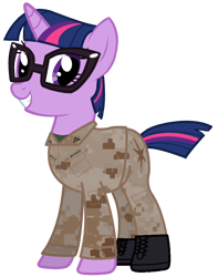 Size: 700x890 | Tagged: safe, artist:edy_january, edit, vector edit, sci-twi, twilight sparkle, pony, unicorn, g4, american, boots, camouflage, clothes, equestria girls ponified, glasses, marine, marines, military, military pony, military uniform, shoes, short hair, short tail, simple background, tail, transparent background, unicorn sci-twi, uniform, united states, usmc, vector