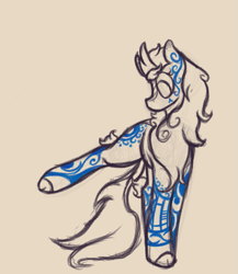 Size: 1323x1527 | Tagged: safe, artist:ahorseofcourse, oc, oc only, oc:sister ash, kirin, beige background, bodypaint, kirin oc, looking back, partial color, raised leg, simple background, solo, tribal markings