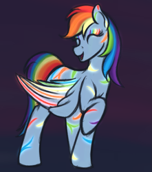 Size: 1277x1442 | Tagged: safe, artist:ahorseofcourse, rainbow dash, pegasus, pony, g4, blue background, bodypaint, colored wings, eyes closed, female, mare, multicolored wings, open mouth, open smile, rainbow wings, raised hoof, simple background, smiling, solo, wings