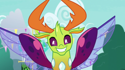 Size: 1280x720 | Tagged: safe, screencap, thorax, changedling, changeling, g4, season 7, triple threat, cute, king thorax, looking at you, male, smiling, solo, spread wings, thorabetes, wings