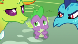 Size: 1280x720 | Tagged: safe, screencap, princess ember, spike, thorax, changedling, changeling, dragon, g4, season 7, triple threat, dragoness, female, king thorax, looking at you, male, trio