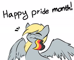 Size: 2500x2006 | Tagged: safe, artist:manicpanda, derpy hooves, pegasus, pony, g4, :3, blushing, cute, derpabetes, derpy being derpy, eyes closed, female, flag, german flag, germany, happy, high res, mare, mouth hold, pride month, simple background, smiling, solo, spread wings, white background, wings, you had one job, you tried