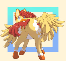 Size: 2756x2562 | Tagged: safe, artist:sunstriderart, oc, oc only, oc:sunstrider, pegasus, pony, behaving like a dog, biting, butt, caught, featureless crotch, high res, looking at you, plot, solo, spread wings, surprised, tail, tail bite, wide eyes, wings