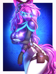 Size: 1500x2000 | Tagged: safe, artist:ask-colorsound, oc, oc only, oc:lillybit, anthro, adorkable, bow, clothes, cosplay, costume, cute, dork, gaming headset, glitch techs, headphones, headset, jumpsuit, ribbon