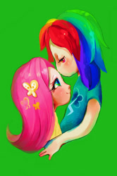 Size: 354x533 | Tagged: safe, artist:mymguru, fluttershy, rainbow dash, human, blue eyes, clothes, duo, duo female, female, flutterdash, green background, humanized, lesbian, looking at each other, looking at someone, red eyes, shipping, simple background