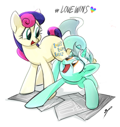 Size: 812x859 | Tagged: safe, artist:mymguru, bon bon, lyra heartstrings, sweetie drops, earth pony, pony, unicorn, duo, duo female, female, heart, horn, lesbian, looking at each other, looking at someone, lovewins, lyrabon, mare, open mouth, paper, shipping, simple background, white background