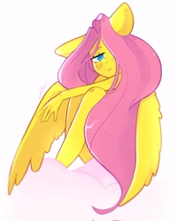 Size: 1641x2048 | Tagged: safe, artist:haichiroo, fluttershy, pegasus, anthro, g4, cloud, female, floppy ears, hair over one eye, looking at you, one ear down, simple background, solo, white background, wings