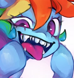 Size: 1935x2048 | Tagged: safe, artist:haichiroo, rainbow dash, pony, g4, female, human teeth, looking at you, mare, open mouth, sharp teeth, simple background, solo, teeth, tongue out, white background