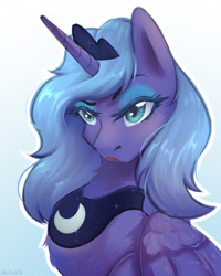 Size: 1024x1280 | Tagged: safe, artist:blueomlette, princess luna, alicorn, pony, g4, angry, bust, chest fluff, female, gradient background, horn, jewelry, mare, peytral, s1 luna, solo, tiara, wings