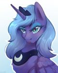 Size: 1024x1280 | Tagged: safe, artist:blueomlette, princess luna, alicorn, pony, angry, bust, chest fluff, female, gradient background, horn, jewelry, mare, peytral, solo, tiara, wings