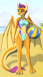 Size: 720x1280 | Tagged: safe, artist:leopon276, smolder, dragon, anthro, digitigrade anthro, g4, bare shoulders, barefoot, beach, beach ball, belly button, breasts, clothes, dragoness, exposed belly, feet, female, high-cut clothing, hips, lizard breasts, midriff, navel cutout, one-piece swimsuit, swimsuit, thighs, toned, toned female, wings