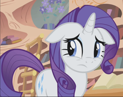 Size: 872x687 | Tagged: safe, screencap, rarity, pony, unicorn, g4, look before you sleep, season 1, cropped, cute, female, floppy ears, golden oaks library, mare, nervous, raribetes, solo, worried