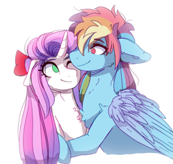 Size: 714x676 | Tagged: safe, artist:aaa-its-spook, rainbow dash, sweetie belle, pegasus, pony, unicorn, g4, bow, chest fluff, duo, female, hair bow, hug, lesbian, looking at each other, looking at someone, mare, no pupils, older, older sweetie belle, one eye closed, ship:sweetiedash, shipping, simple background, smiling, white background