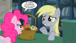 Size: 1128x635 | Tagged: safe, artist:silverbuller, edit, edited screencap, screencap, derpy hooves, pinkie pie, earth pony, pegasus, pony, g4, season 5, slice of life (episode), basket, comic, duo, female, food, grin, mare, muffin, post office, screencap comic, smiling, speech bubble