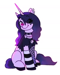 Size: 1306x1629 | Tagged: safe, artist:catmintyt, izzy moonbow, pony, unicorn, g5, choker, clothes, ear piercing, eye clipping through hair, female, goth, goth izzy, jewelry, mare, necklace, piercing, simple background, sitting, skull, smiling, socks, solo, spiked choker, torn clothes, white background