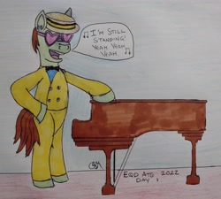 Size: 3162x2848 | Tagged: safe, artist:rapidsnap, pony, atg 2022, bipedal, clothes, elton john, glasses, hat, heart shaped glasses, high res, musical instrument, newbie artist training grounds, piano, ponified, singing, solo, standing, suit, sunglasses, traditional art