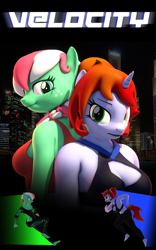 Size: 2160x3464 | Tagged: safe, artist:dangerousdpad, oc, oc only, oc:pepper, oc:sugar surge, unicorn, anthro, plantigrade anthro, 3d, city, cityscape, duo, high res, movie poster, source filmmaker