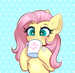 Size: 3111x3000 | Tagged: safe, artist:confetticakez, fluttershy, pegasus, pony, abstract background, blushing, bust, chest fluff, cute, daaaaaaaaaaaw, drinking, ear fluff, female, food, hoof hold, looking at something, mare, mug, polka dot background, shyabetes, sipping, solo, sparkly eyes, starry eyes, tea, wingding eyes