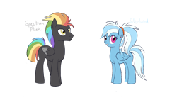 Size: 2359x1326 | Tagged: safe, artist:alicemaple, edit, oc, oc only, oc:spectrum flash, oc:whirlwind (alicemaple), pegasus, pony, braces, brother and sister, cropped, duo, ear piercing, earring, female, jewelry, male, mare, multicolored hair, offspring, parent:rainbow dash, parent:thunderlane, parents:thunderdash, piercing, rainbow hair, siblings, simple background, stallion, transparent background