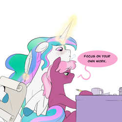 Size: 2048x2048 | Tagged: safe, artist:aztrial, cheerilee, princess celestia, alicorn, earth pony, pony, g4, alternate hairstyle, blushing, duo, female, glowing, glowing horn, high res, horn, lesbian, levitation, magic, mare, mug, paper, pencil, ponytail, quill, ship:cheerilestia, shipping, simple background, telekinesis, unshorn fetlocks, white background