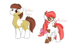 Size: 1798x1132 | Tagged: safe, artist:alicemaple, edit, oc, oc only, oc:golden pippin, oc:meridien, earth pony, pony, bow, brother and sister, coat markings, cropped, duo, female, hair bow, male, mare, offspring, parent:apple bloom, parent:pipsqueak, parents:pipbloom, pinto, siblings, simple background, socks (coat markings), stallion, transparent background