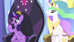 Size: 1334x750 | Tagged: safe, screencap, princess celestia, twilight sparkle, alicorn, pony, equestria games, g4, crown, height difference, hub logo, jewelry, logo, physique difference, regalia, slender, the hub, thin, twilight sparkle (alicorn)