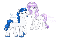 Size: 1852x1266 | Tagged: safe, artist:alicemaple, edit, oc, oc only, oc:beau monde, oc:l'amours toujours, pony, unicorn, brother and sister, cropped, duo, facial hair, female, goatee, male, moustache, offspring, parent:fancypants, parent:fleur-de-lis, parents:fancyfleur, siblings, simple background, transparent background, unshorn fetlocks