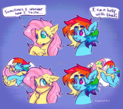 Size: 3954x3500 | Tagged: safe, artist:yumkandie, fluttershy, rainbow dash, pegasus, pony, ..., biting, blushing, drool, ear piercing, earring, female, flutterdash, freckles, imagine spot, jewelry, kissing, lesbian, looking at each other, looking at someone, meme, nose piercing, piercing, shipping, thought bubble, wingding eyes