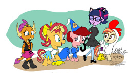 Size: 900x518 | Tagged: safe, artist:newportmuse, sci-twi, shimmy shake, smolder, sunset shimmer, twilight sparkle, oc, oc:cinnamon toast, bird, chicken, dragon, earth pony, pony, unicorn, equestria girls, cat ears, cheerleader, cheerleader outfit, clothes, costume, cute, dragoness, drawing, female, females only, halloween, halloween costume, hanging out, happy, hat, hennin, holiday, medieval, nightmare night, princess, shimmerbetes, smiling, smolderbetes