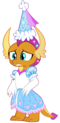 Size: 525x1064 | Tagged: safe, artist:darlycatmake, edit, vector edit, smolder, dragon, clothes, concerned, confused, dragoness, dress, female, flower, flower in hair, froufrou glittery lacy outfit, gloves, hat, hennin, long gloves, princess, princess smolder, sad, upset, vector, wat, what have you done?!, worried