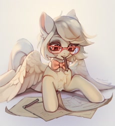 Size: 1976x2154 | Tagged: safe, artist:myscherri, oc, oc only, oc:silver beam, pegasus, pony, bowtie, chest fluff, commission, drawing, female, glasses, lying down, mare, mouth hold, paper, pegasus oc, pencil, prone, solo, spread wings, wings